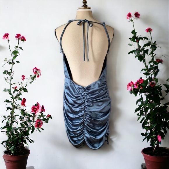 Line and Dot Reveal Collection Steele Blue Open Back Satin Dress - Picture 7 of 12